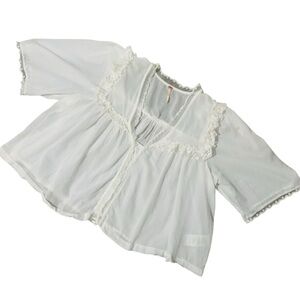 Free People White Cotton Lace Semi Sheer - Button Front Romantic Flowy Boho Top
